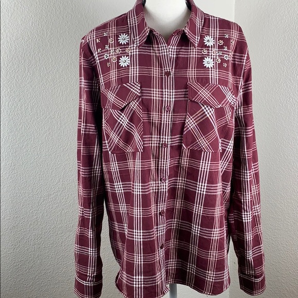 dip Tops - dip long sleeve maroon/white plaid,embroidered top